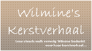 Tekstvak:  Wilmine's     
 Kerstverhaal    
    Lees steeds welk vervolg Wilmine bedenkt             
  voor haar kerstverhaal...           
